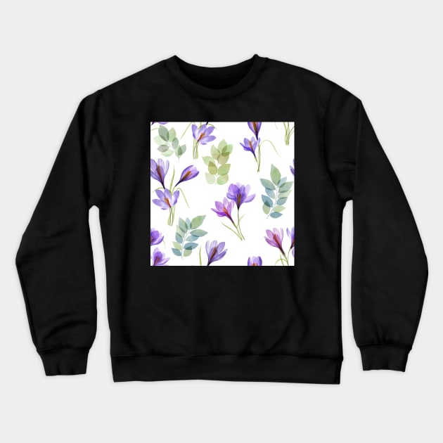 Crocus flowers bouquets, transparent leaves. Translucent Saffron Crocus watercolor flowers. Spring floral arrangement. Crocus Sativus plant Crewneck Sweatshirt by likapix